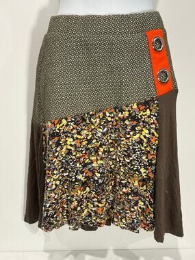 Smash! Spain Y2K Retro Mod Patchwork A-Line Skirt Orange Grommet Olive S